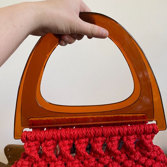 Vintage Boho Cherry Red Crochet Purse with Retro Chunky Amber Lucite Handles - Picture 9 of 10